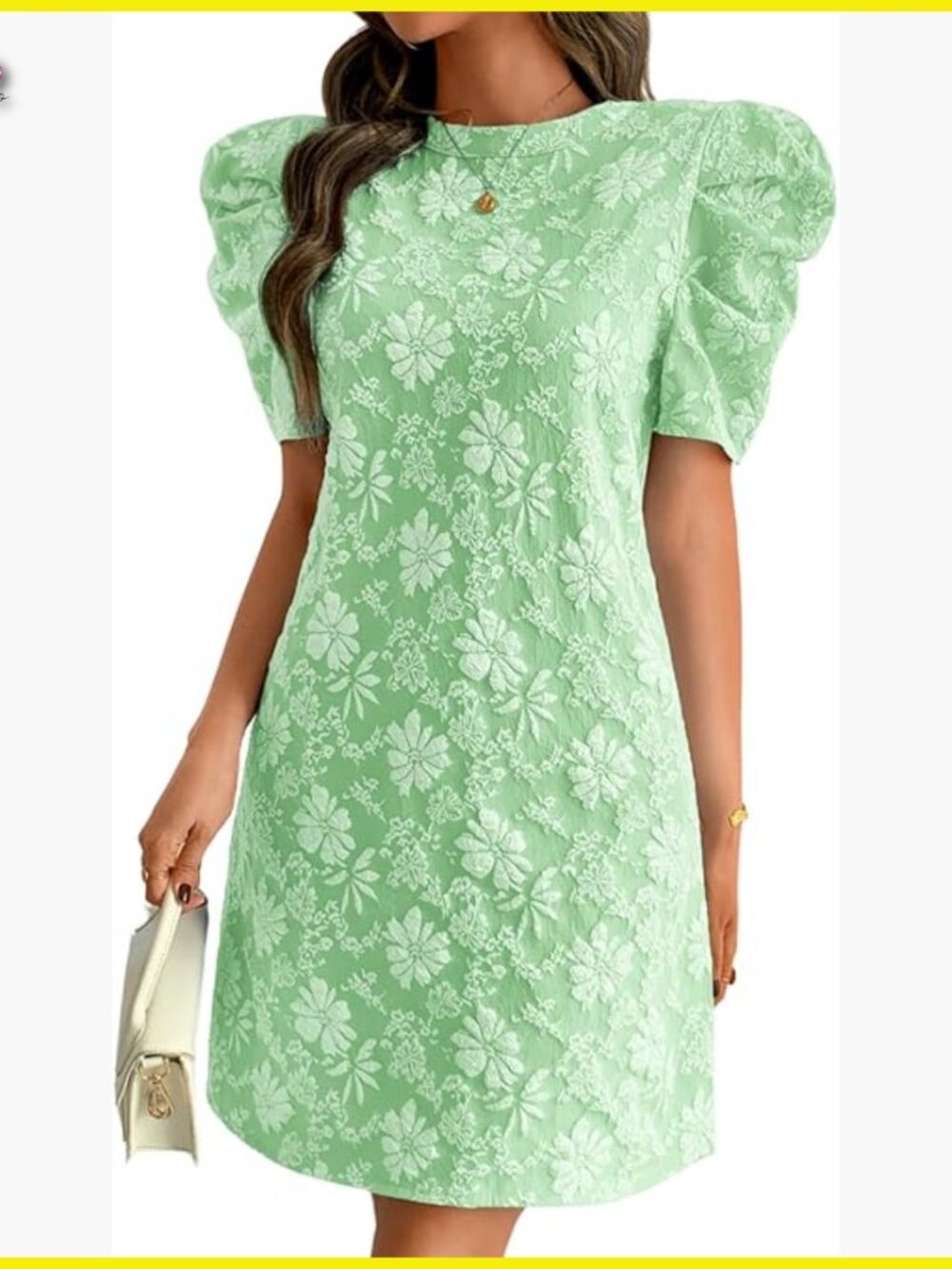 Floral Jacquard Shift Dress Puff Sleeve Elegant Summer Casual Mini